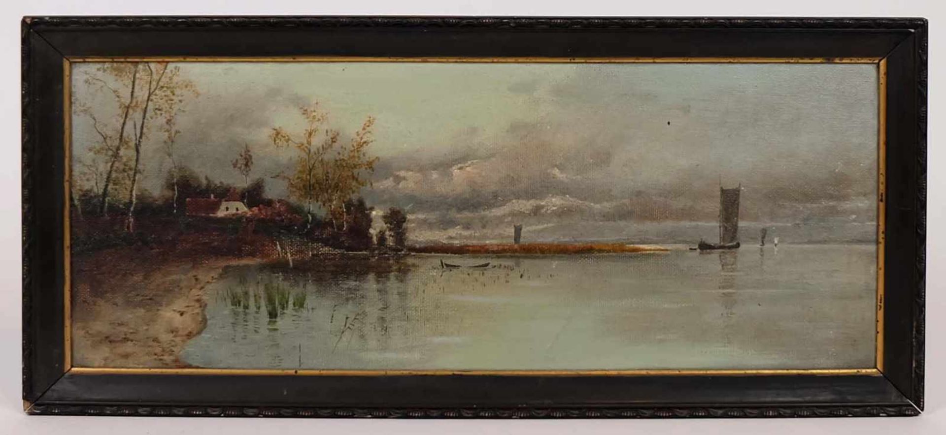 SÜDDEUTSCHE SCHULE, um 1900, Öl/ Lw/ Karton, Ziehende Wolken über Voralpenseelandschaft, 21 x 53 cm,