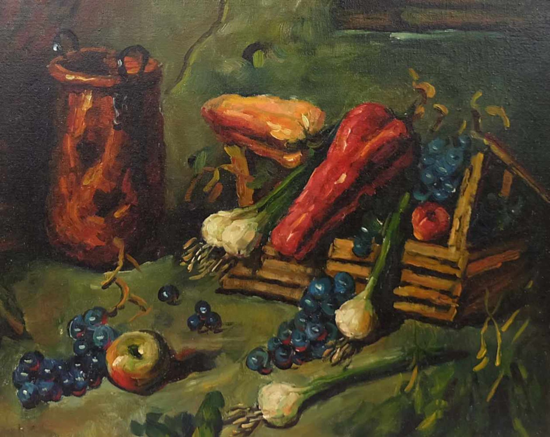 DEUTSCHE SCHULE, 20. Jh., Öl/ Lw., nature morte, Gemüsestillleben mit Kupfertopf, 50 x 40 cm, HR