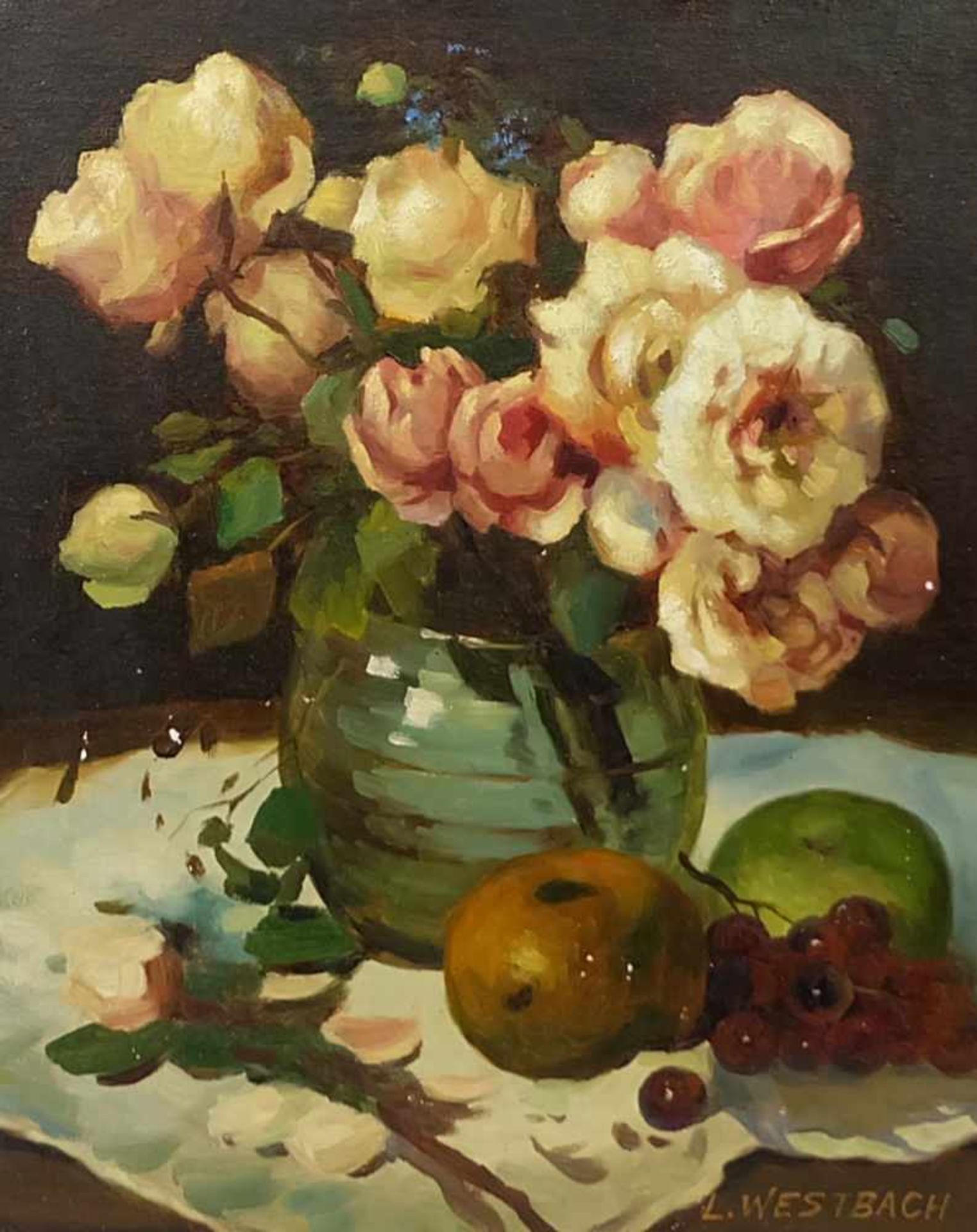 WESTBACH, L., Deutsche Schule, 20. Jh., Öl/ Lw., nature morte, Blumenstillleben mit Früchten, rechts