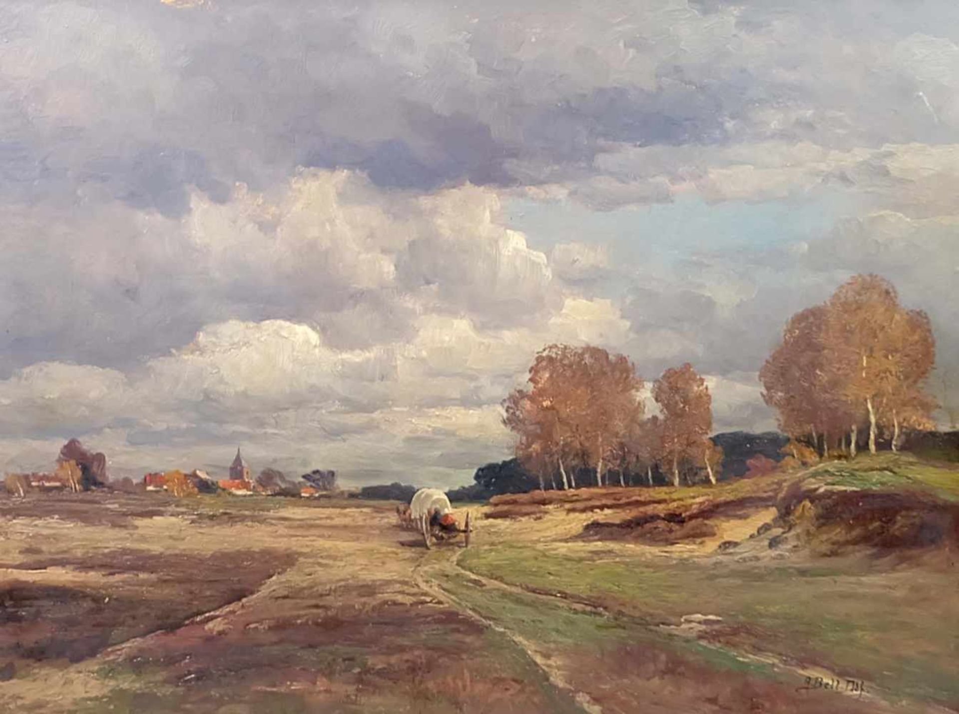 BELL, Arthur (1876–1966), Ddf. Malerschule, Öl/ Holz, Niederrheinische Herbstlandschaft,