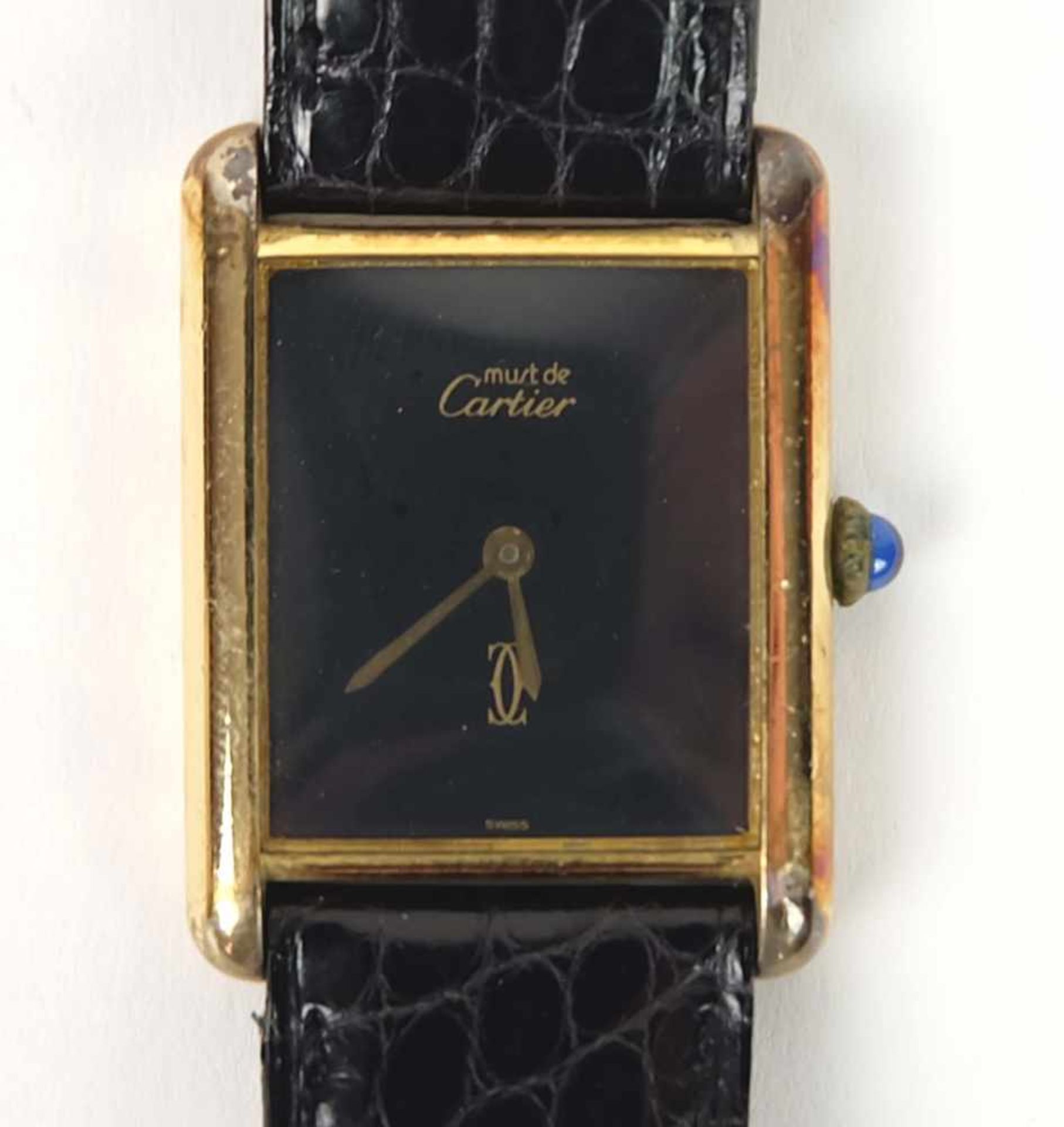 DAU, Hersteller Must de Cartier/ Paris, 925er-Silber vergoldet, entspr. Beschau, Saphircabochon,