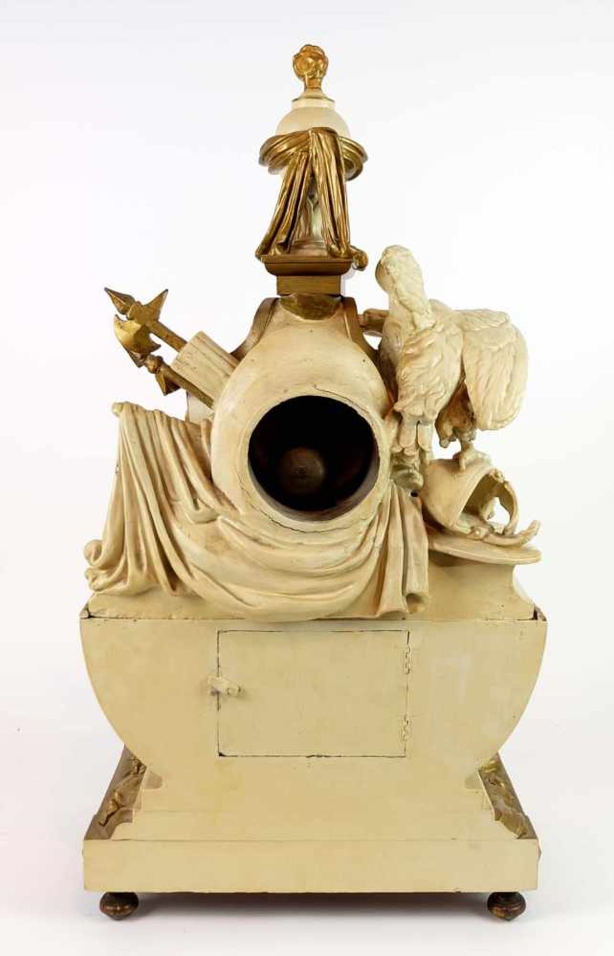 FIGURENUHR, Klassizismus, Napoleon I-Epoche, Holz/ Stuck, 3tlg Skulpturenaufbau, rechteckige Plinthe - Bild 9 aus 9