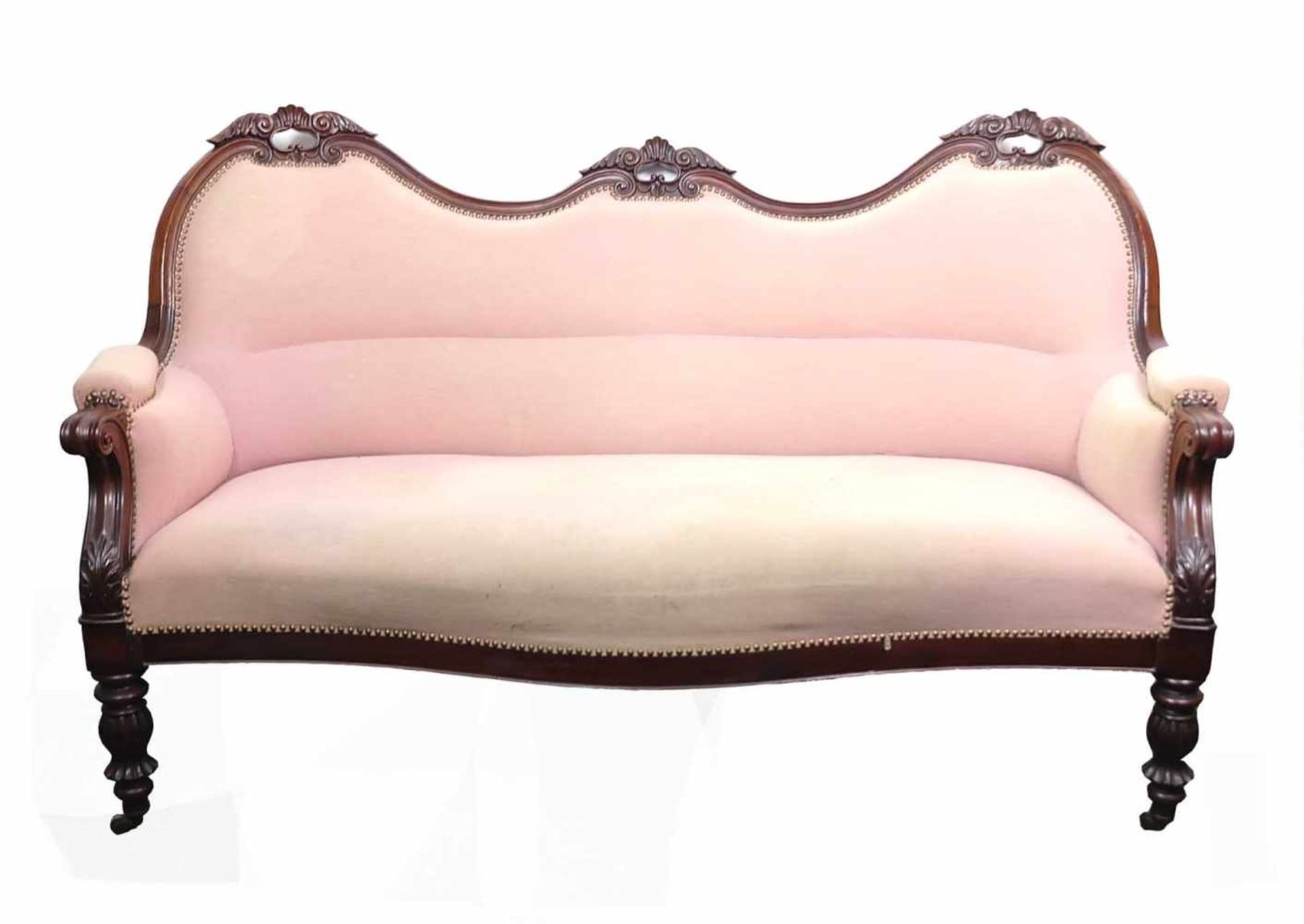 SOFA, Victorianische Epoche, Mahagonirahmen, in der Front Baluster- bzw. hinten Säbelbeinchen auf