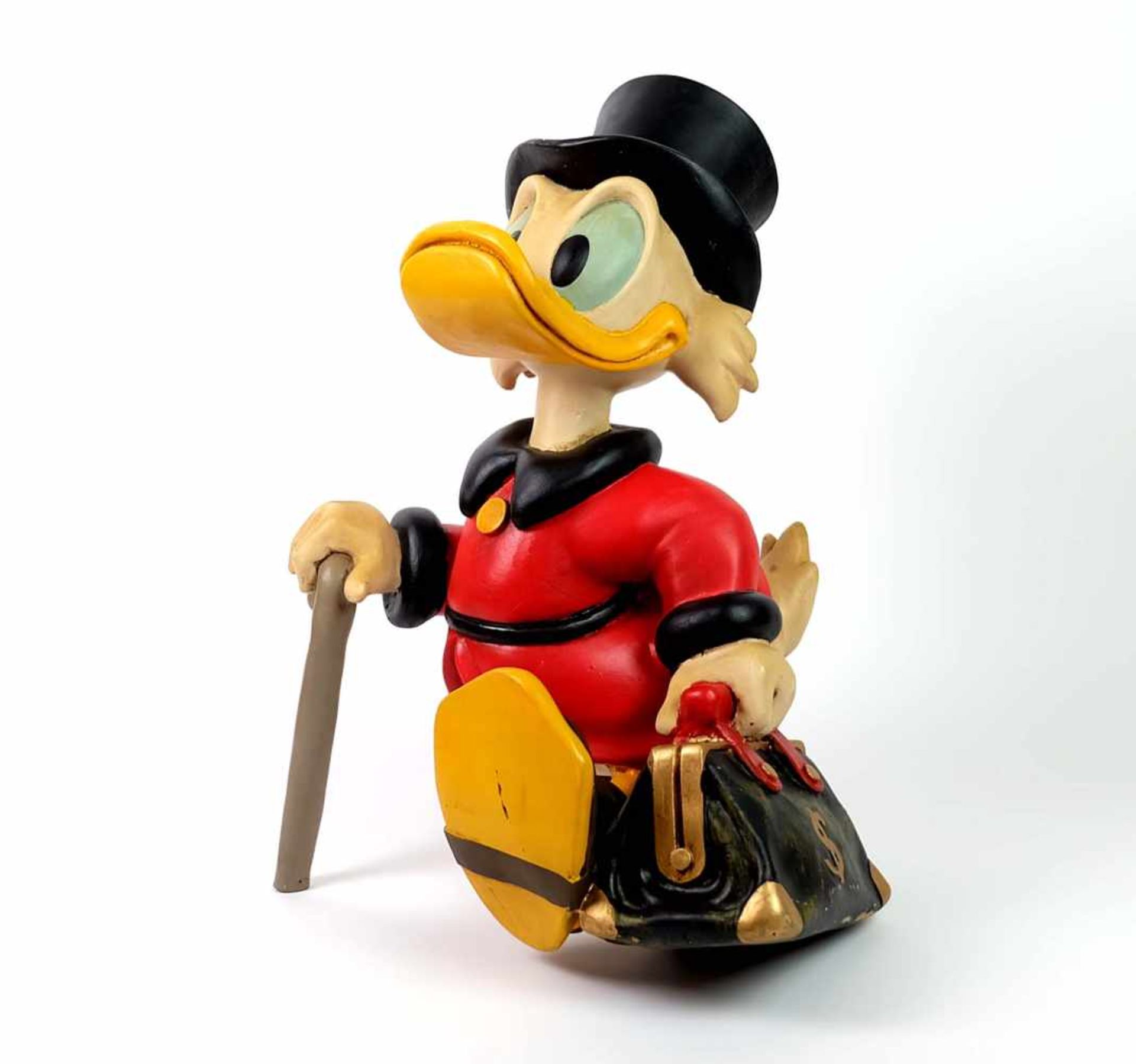 GROßE FIGUR, Disney Company, Dagobert Duck mit Geldtasche, handpolychromierter Kunststoffguss, 51