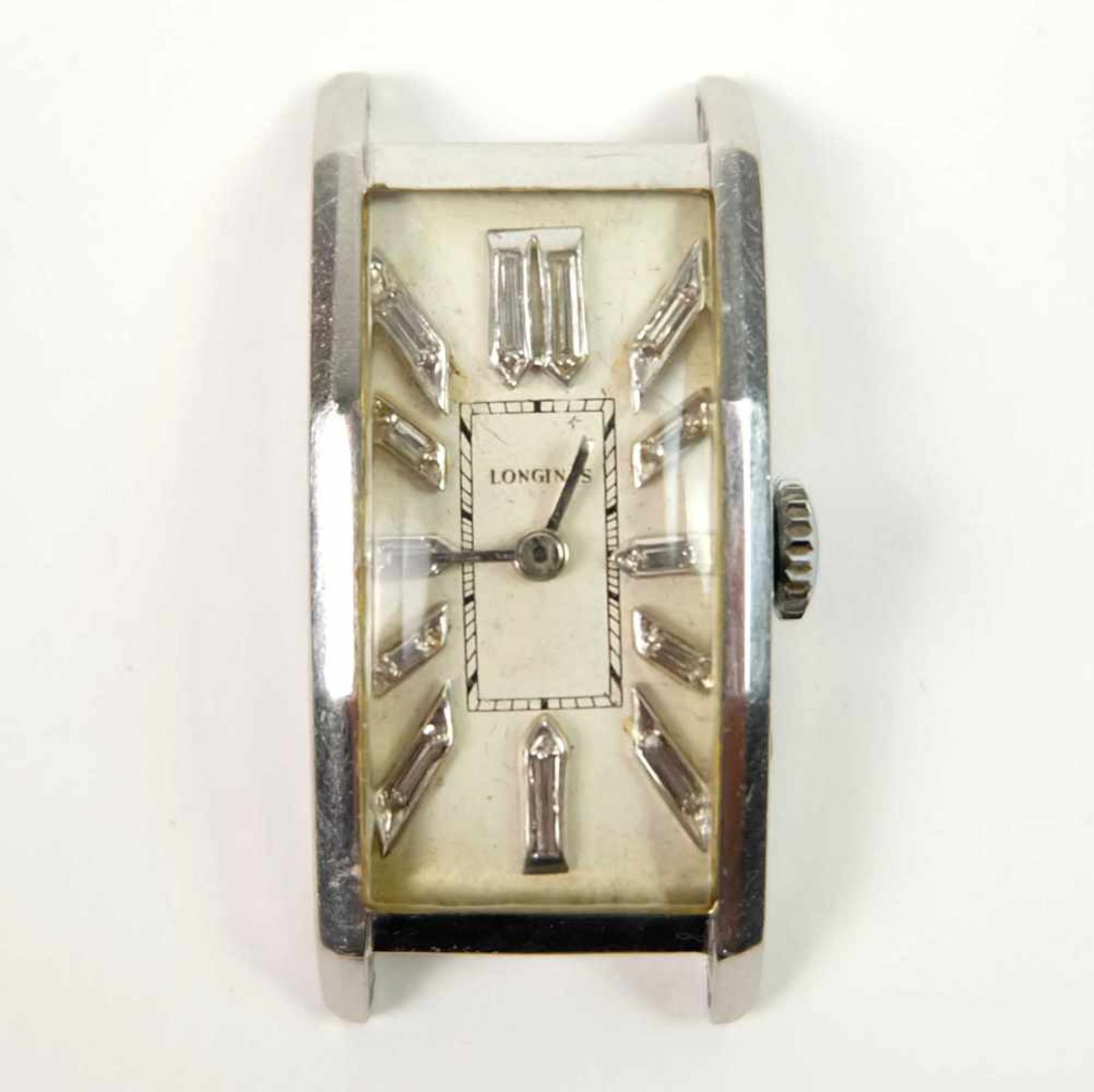 HAU, Hersteller Longines/ St. Imier, Art Deco-Epoche, Diamant-Strichindices im Baguetteschliff,