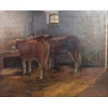 DEUTSCHE SCHULE, um 1900, Öl/ Lw., Zwei Kühe in der Scheune, 60 x 75 cm, GR (dieser besch)