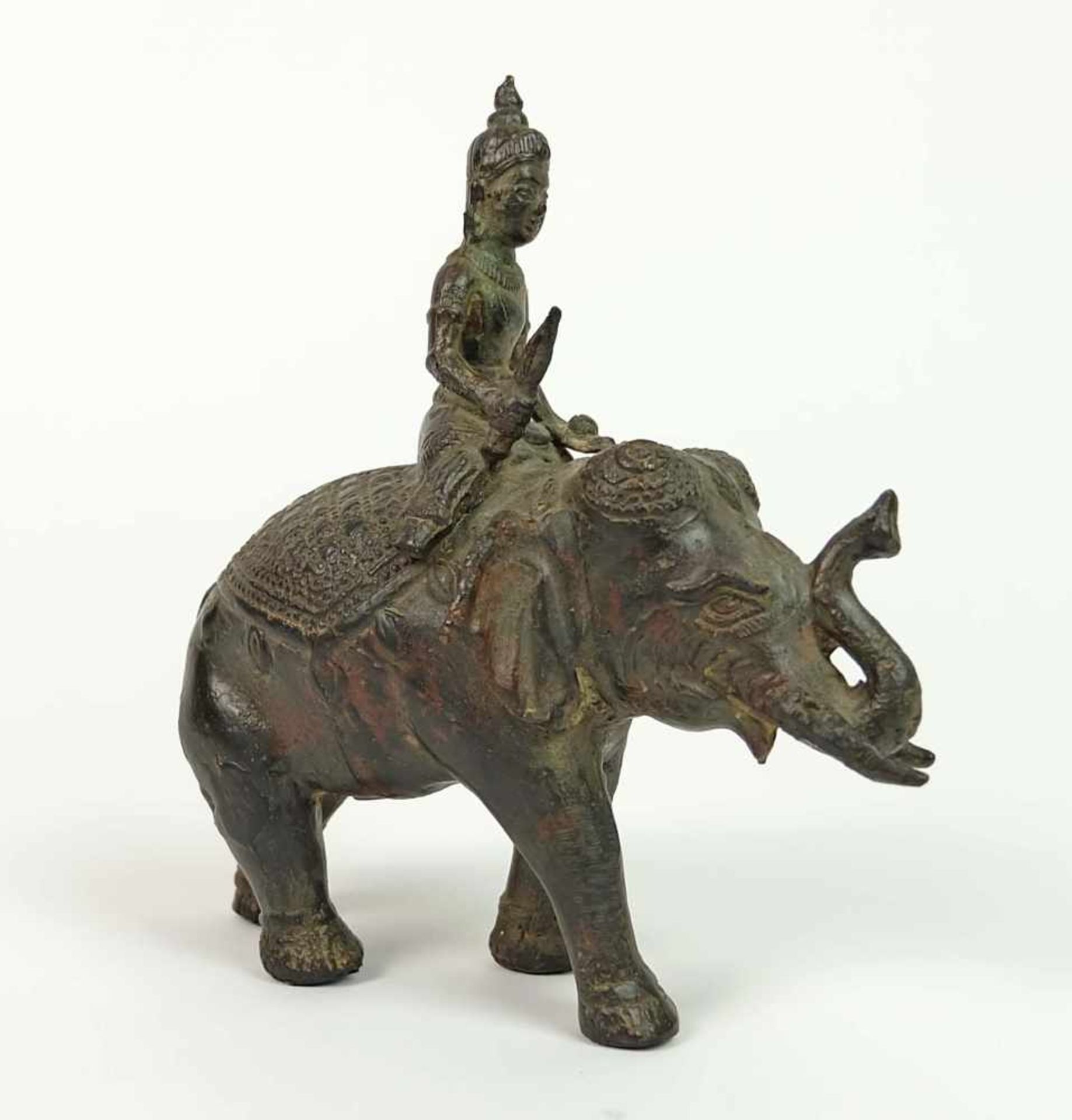 BRONZESKULPTUR, Indien, Elefant Airavata mit König Indra, ca 16 x 18 x 9 cm, besch.