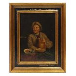 ALTMEISTER, 18. Jh., Öl/ Leinwand/ Holztafel, Portrait eines Mannes mit Krug und Schinken, verso auf