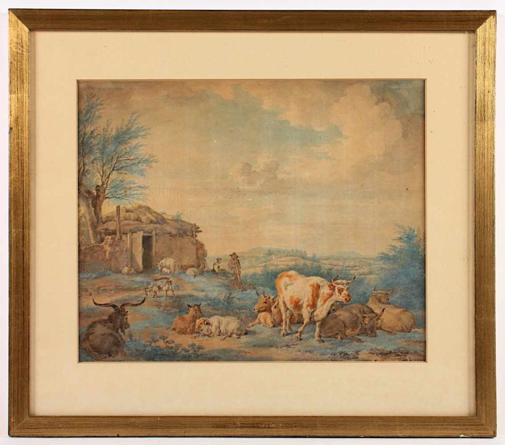 AQUARELLIST E.18.JH., "Landschaft mit Viehhirten", Aquarell/Papier, 27,5 x 33 ( - Bild 2 aus 2