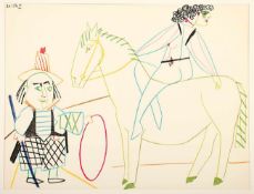 PICASSO, Pablo, "Circus-Reiter um Dompteur", Farblithografie, 24 x 32, aus The human comedy, Verve