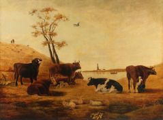 NIEDERLANDE 19.JH., "Landschaft mit Kühen", Öl/Lwd., 98 x 131, doubliert, rest.
