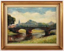 MALER UM 1920, "Landschaft mit Brücke", Öl/Malkarton, 36 x 48, unten rechts unleserlich signiert und