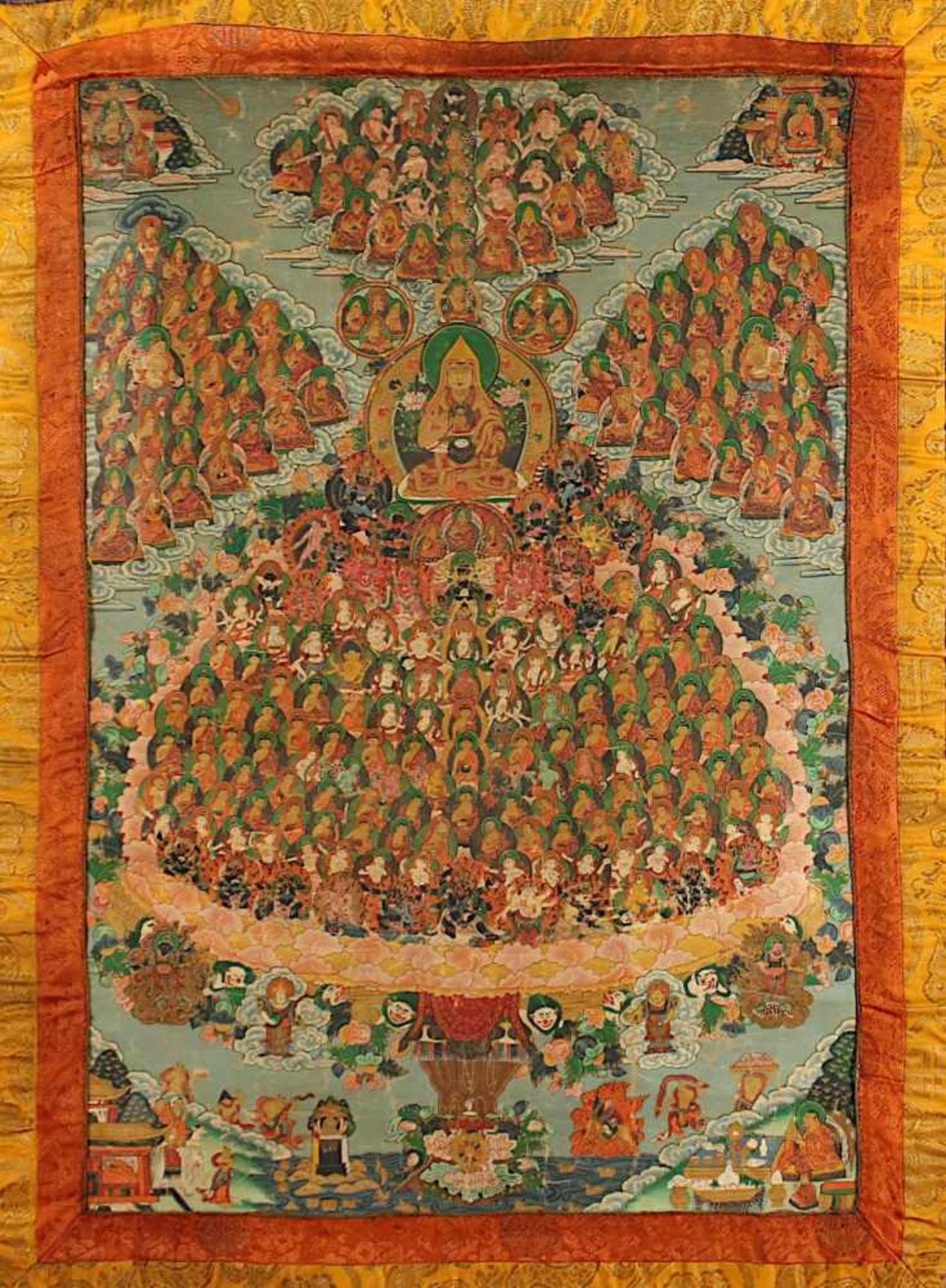 THANGKA TSONGKHAPA UND DER GELUGPA-ZUFLUCHTSBAUM, Gouache und Gold auf Stoff, 74 x 50,