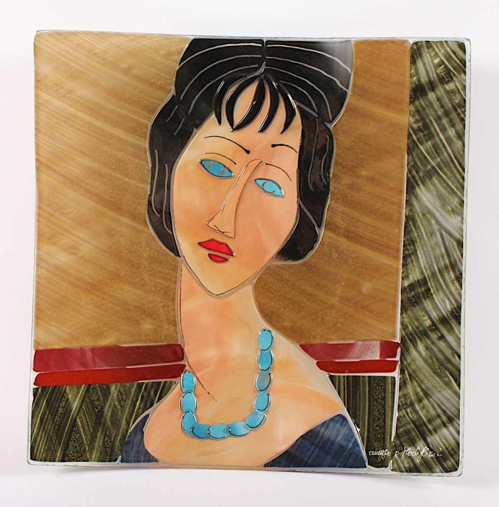 GLASSCHALE, farbloses Glas, polychrom getönt, Damenportrait nach Amedeo Modigliani, 28 x 28,5,