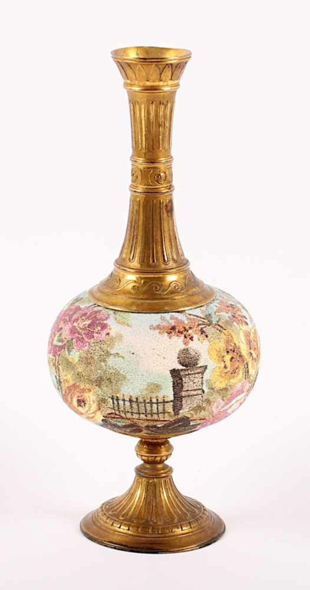 VASE, Metall, vergoldet, Feinsteinzeug, polychrom und goldfarben gemalter Blumendekor mit - Bild 2 aus 4