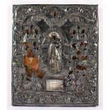 IKONE, "Gottesmutter Freude aller Leidenden", mit Silberoklad, Tempera/Holz, 31,5 x 26,
