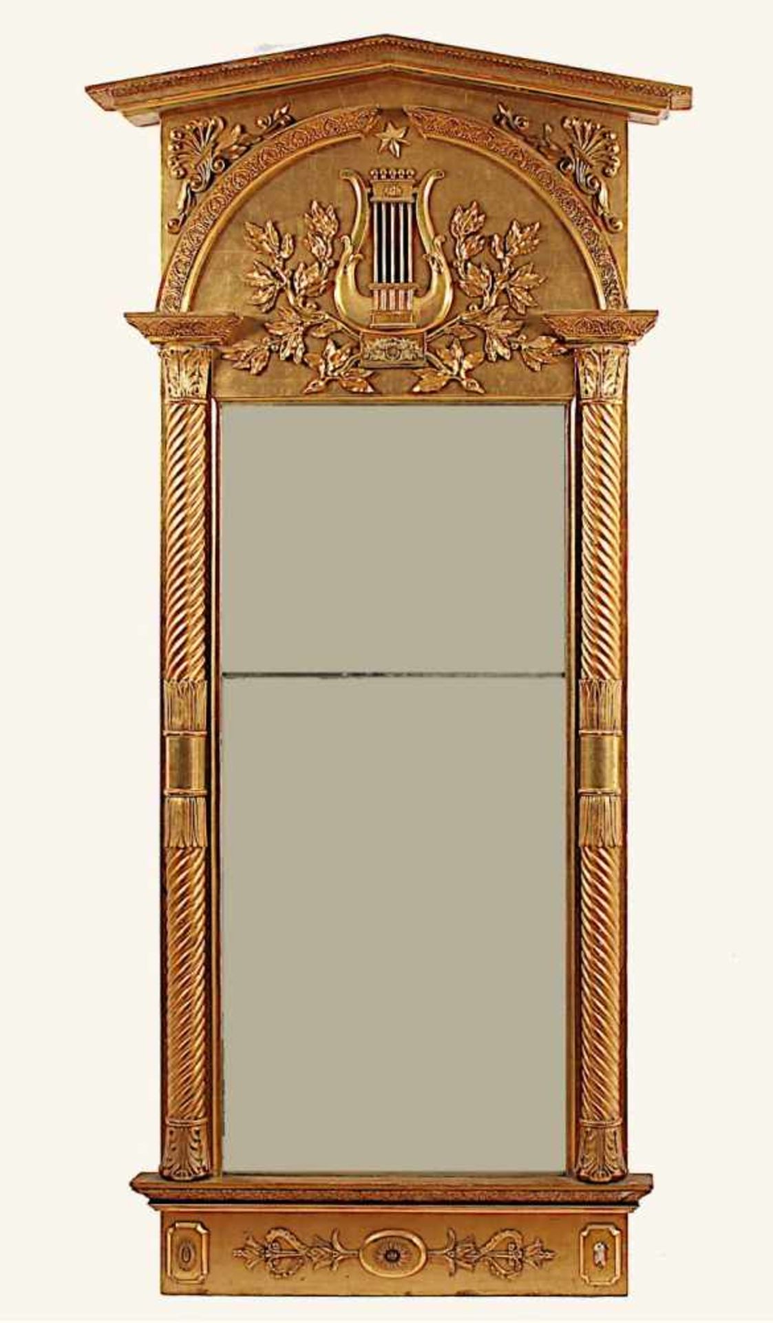 GROSSER KONSOLSPIEGEL, Holz, vergoldet, besch., originales Spiegelglas, H 234, B 109, DEUTSCH, um