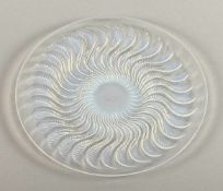 ART DECO-KUCHENPLATTE "ACTINIA", farbloses, opaleszentes Glas, verso vegetabiler Reliefdekor, Dm 28,