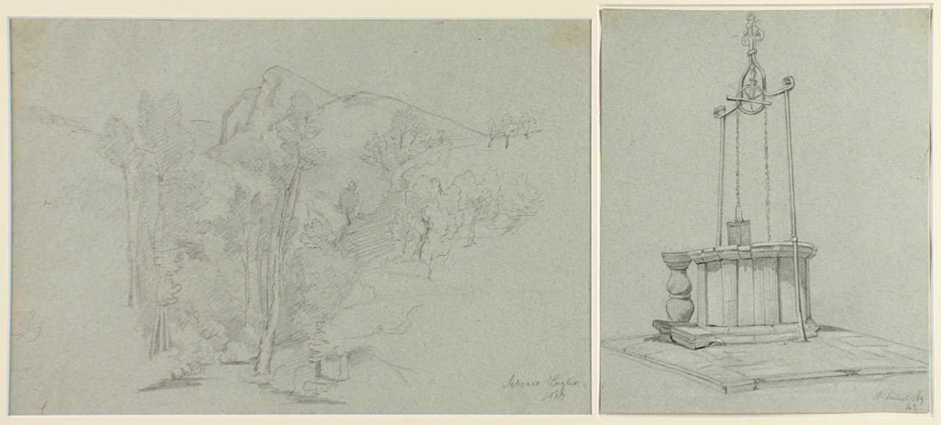 KRAUSE, Robert (1813-1885), zwei Zeichnungen, "Waldweg in Subiaco" und "Ziehbrunnen", Bleistift/
