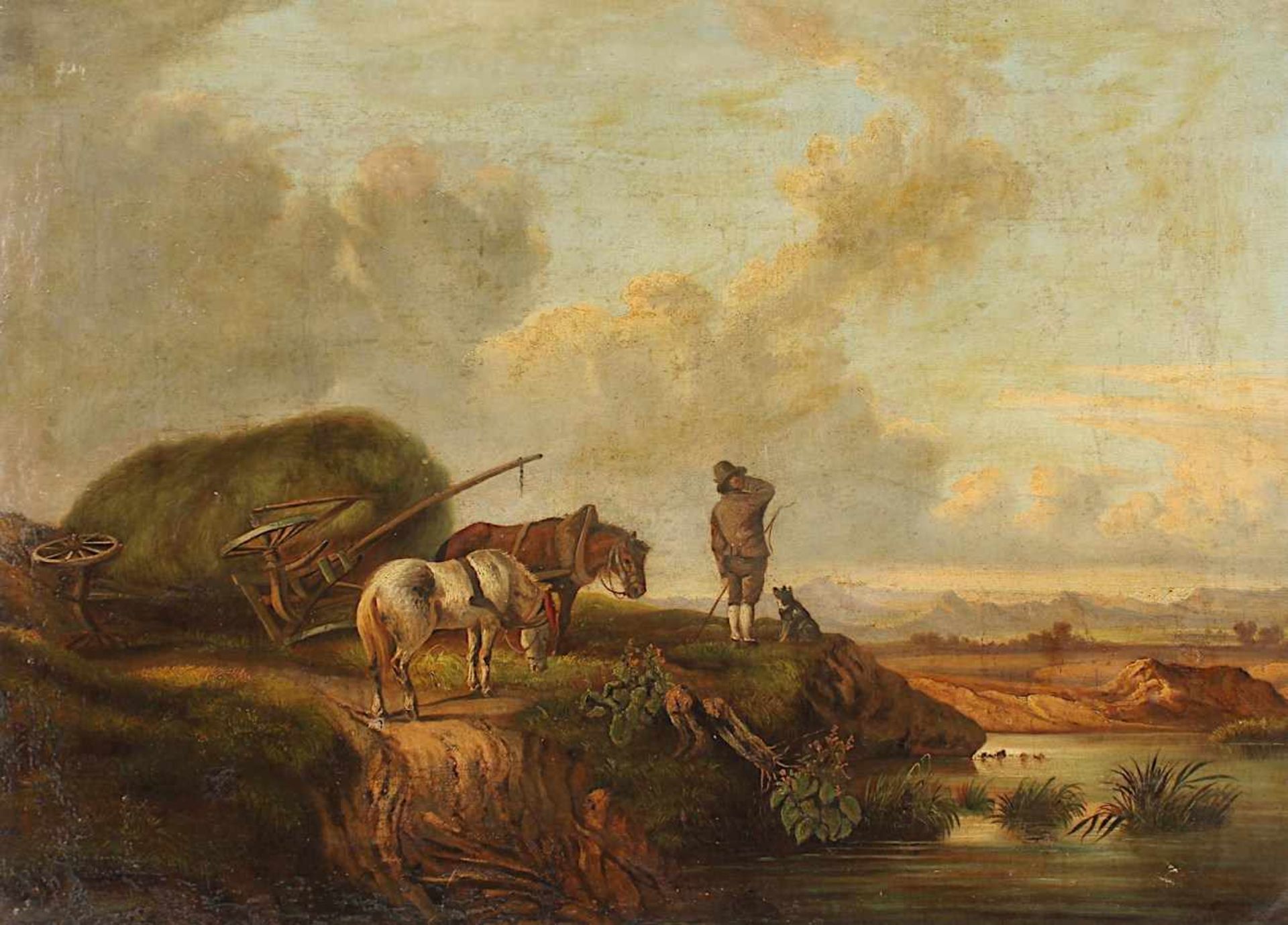 BÜRKEL, Heinrich (1802-1869), Kopie 2.H.19.Jh. nach "Landschaft mit umgestürztem Heuwagen", Öl/Lwd.,