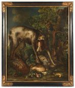 MALER DES 18./19.JH., "Jagdhund mit erlegten Vögeln", Öl/Lwd., 100 x 82, doubliert, min.besch., R.