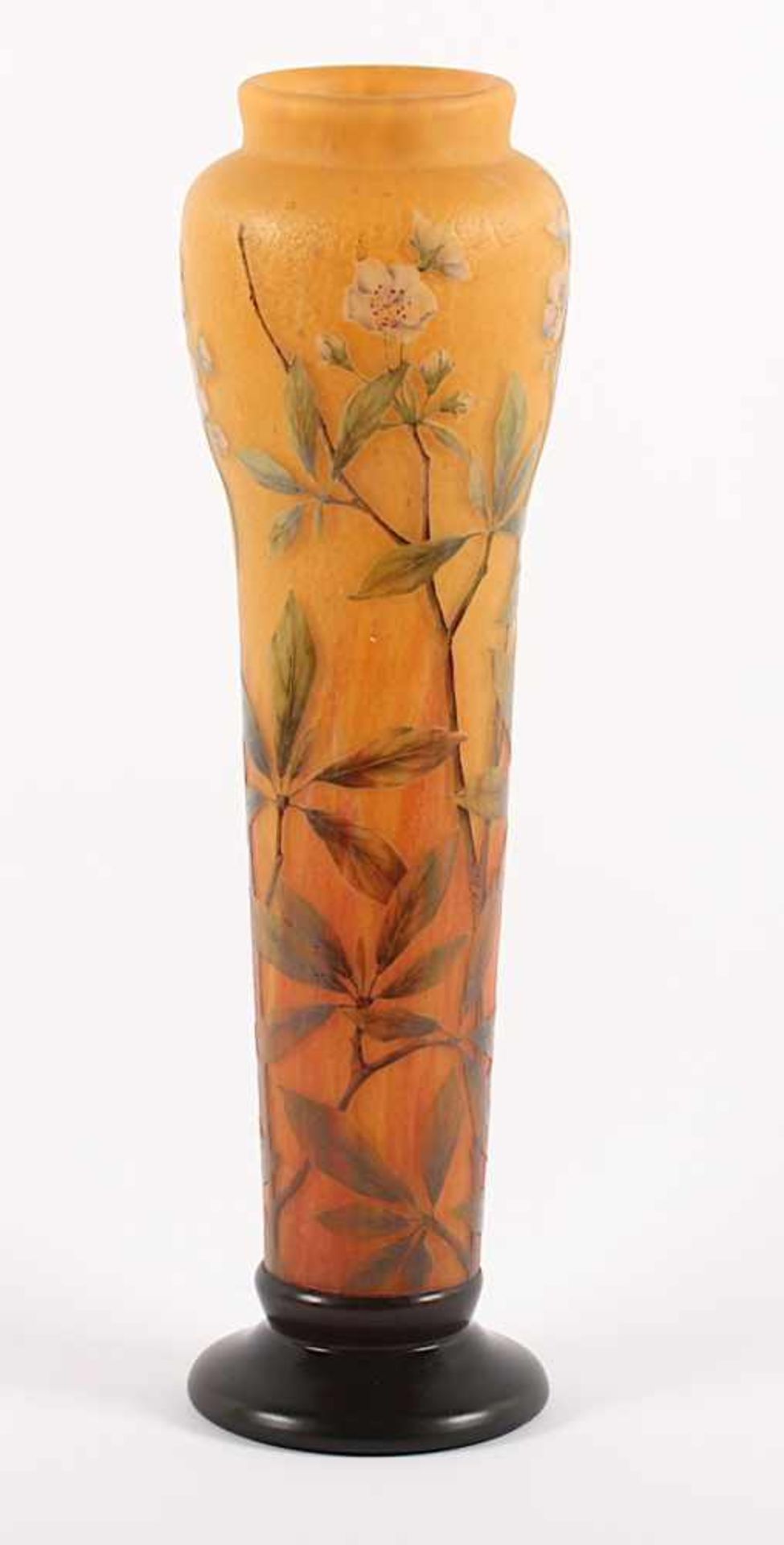 JUGENDSTIL-VASE, farbloses, satiniertes Glas, orange-gelbe Pulvereinschmelzungen, umlaufend - Bild 2 aus 6