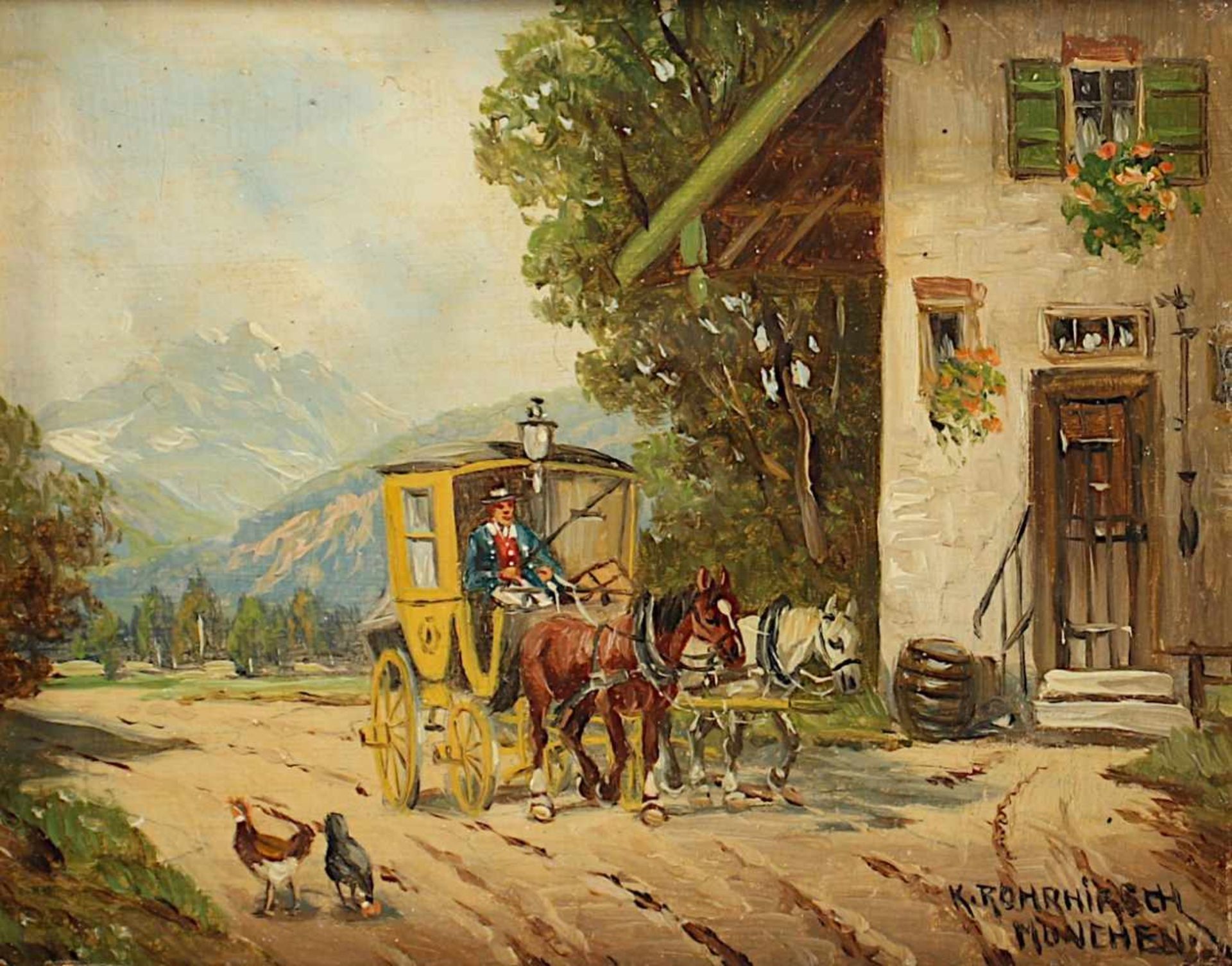 ROHRHIRSCH, Karl (1875-1954), "Postkutsche vor einem Bauernhaus", Öl/Holz, 8 x 10,5, unten rechts - Bild 2 aus 2