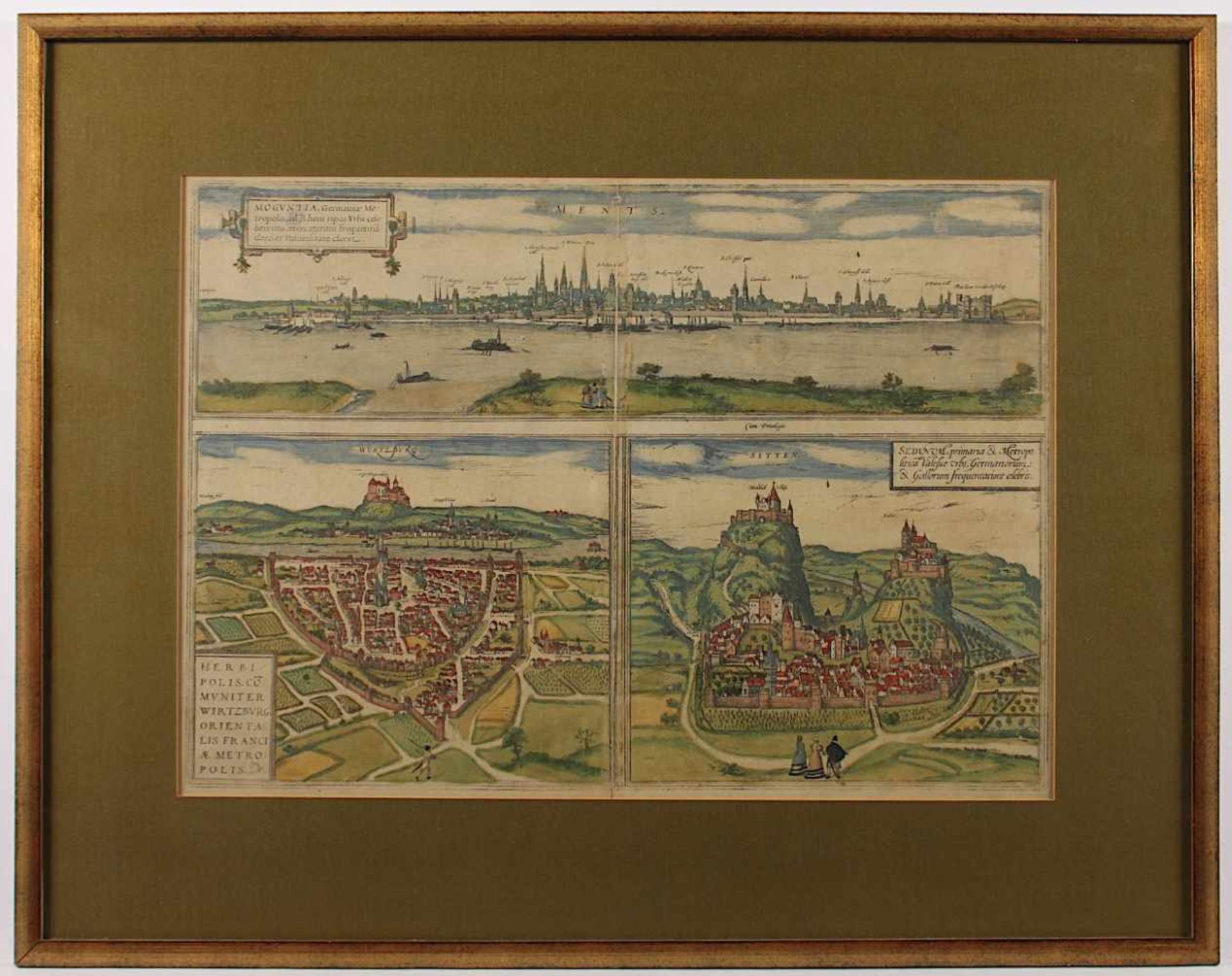 3 ANSICHTEN, "Moguntia, Wirtzburg, Sedunum", 3 Stiche auf einem Blatt, Panorama von Mainz,