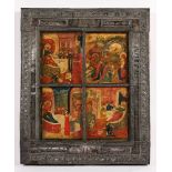 SELTENE VIERFELDERIKONE, mit vier Geburtsdarstellungen, Tempera/Holz, 36,5 x 30,5, Feinmalerei auf