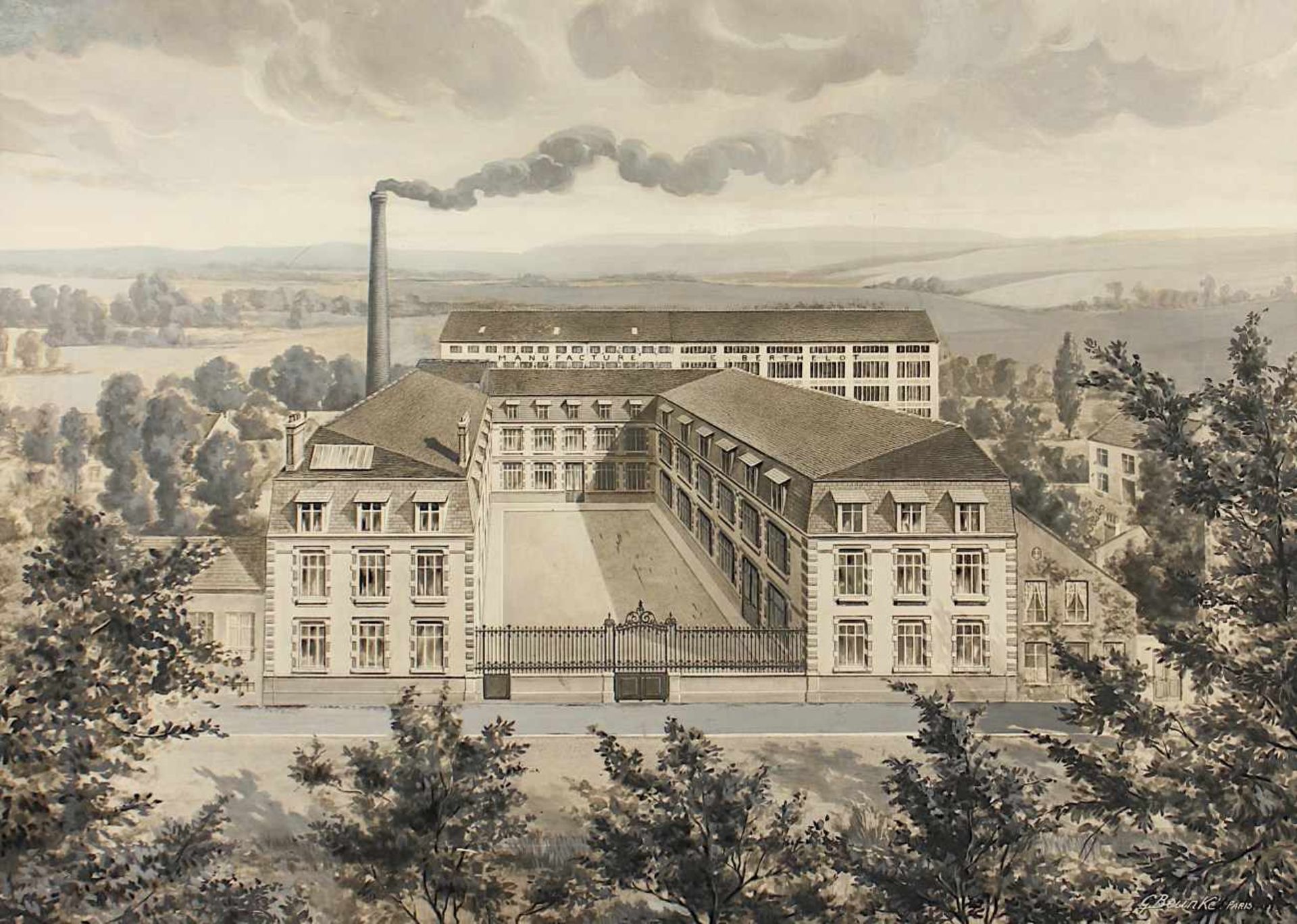 BEUNKE, Gabriel (Aquarellist E.19.Jh.), "Ansicht der Fabrik E. Berthelot in Vaucouleurs", Aquarell/ - Bild 2 aus 2