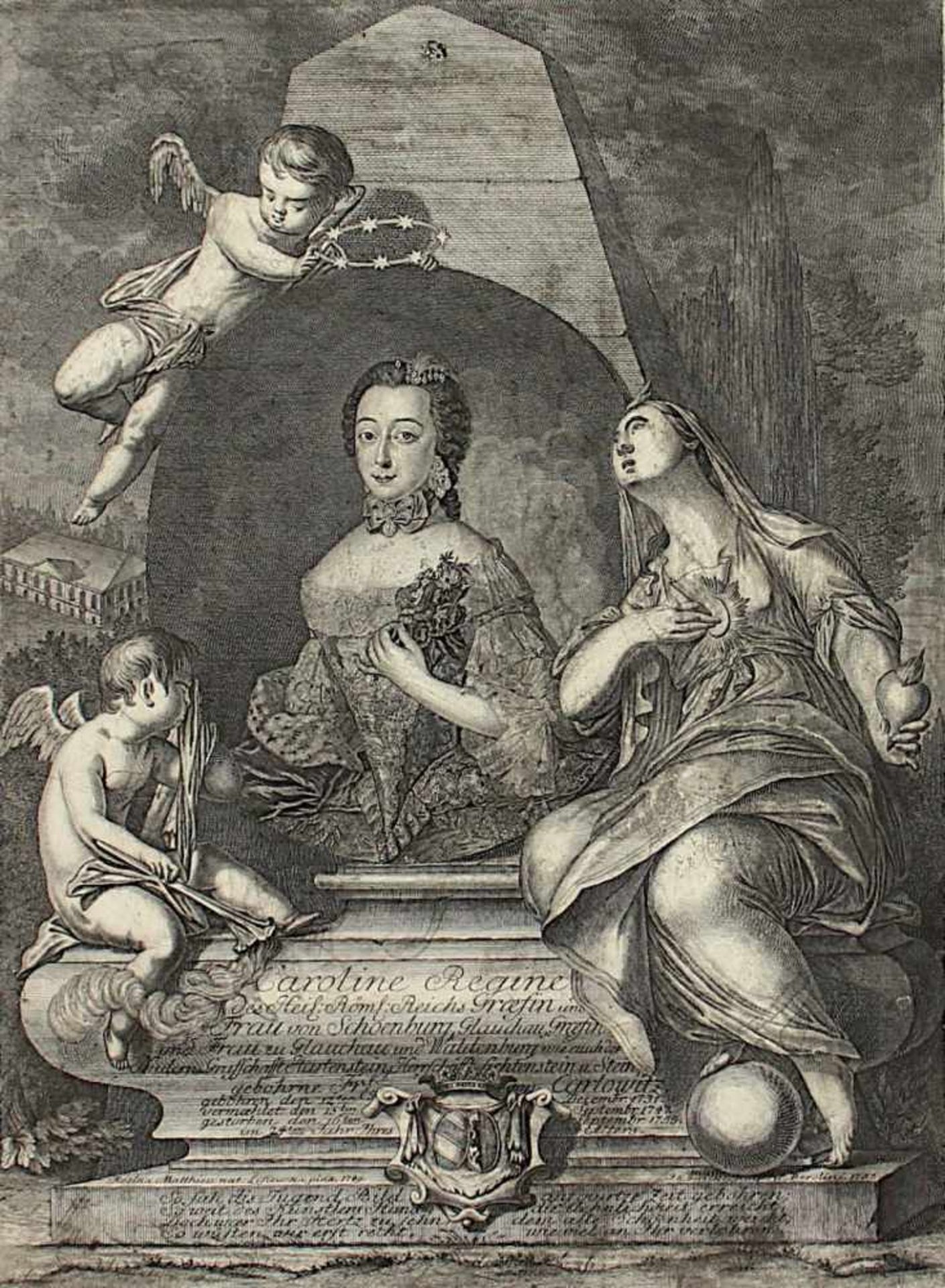 CAROLINE VON CARLOWITZ, Gräfin Schönburg und Glauchau, Portrait-Stich, 40 x 39, Berlin, 1757, R. - Image 2 of 2