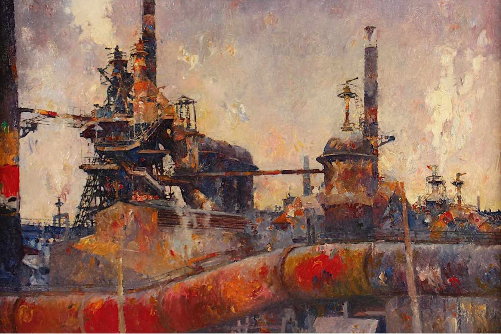 BRAAM, Dirk Pieter (1908-1986), "Stahlwerk Pernis im Hafen von Rotterdam", Öl/Hartfaser, 54 x 80,