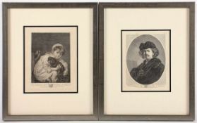 ZWEI STICHE, "Selbstbildnis mit Mütze - Rembrandt", Kupferstich, von 1771, von C.Wd., 5 x 12. "Das