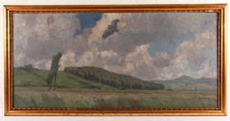 UBBELOHDE, Otto (1867-1922), "Landschaft mit Reiher", Öl/Lwd., 77 x 167, unten rechts signiert,