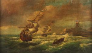 NIEDERLANDE 20.JH., "Stürmische Küstenlandschaft mit Schiffen", Öl/Lwd., 35 x 61, R.