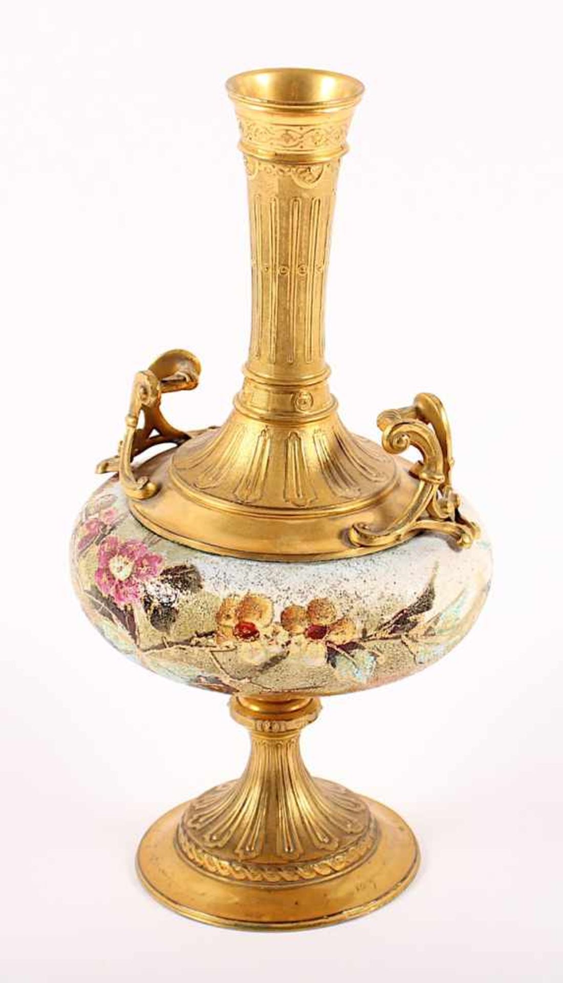 VASE, Metall, vergoldet, Feinsteinzeug, polychrom und goldfarben gemalter Blumendekor mit - Image 3 of 4