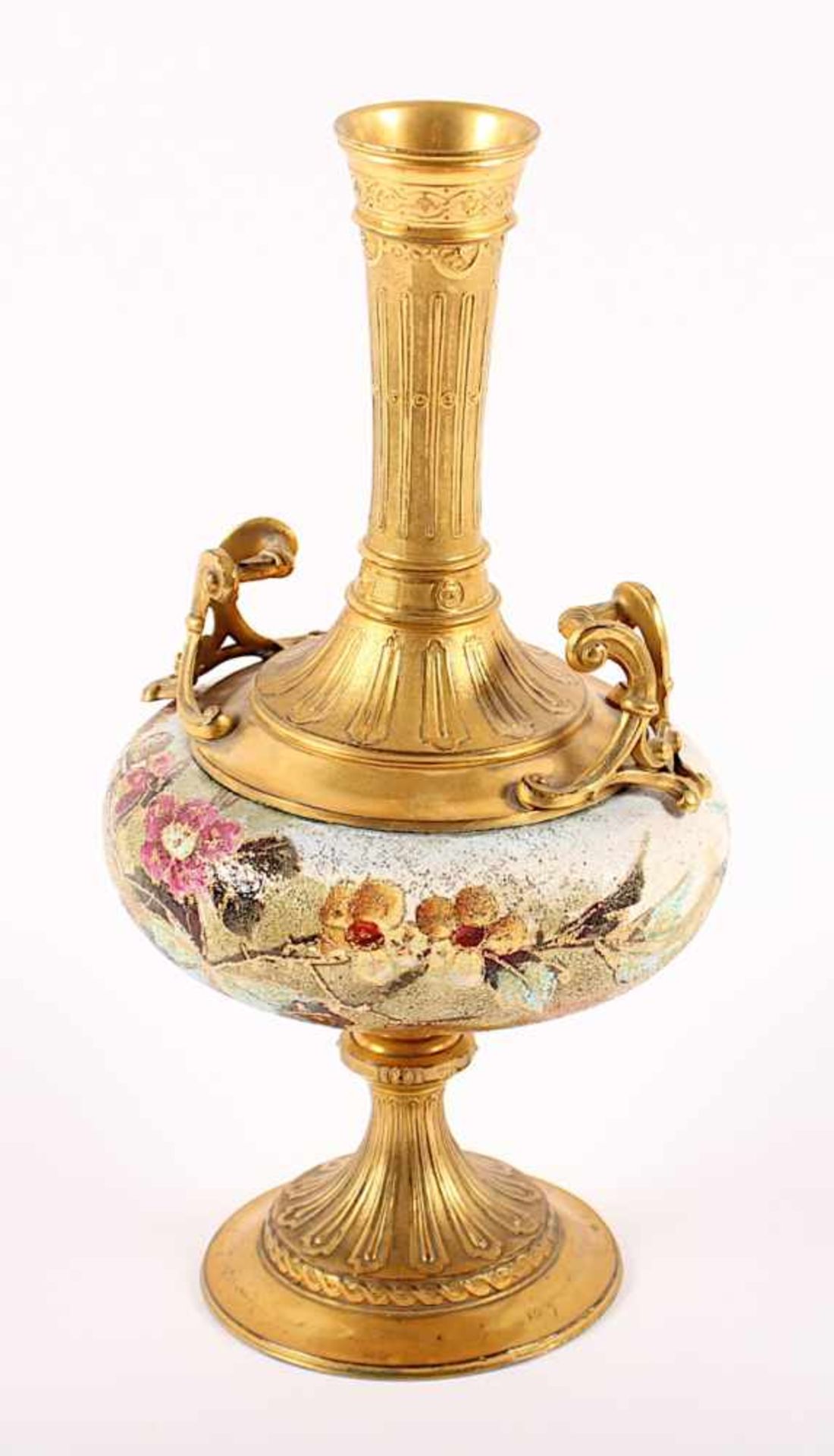 VASE, Metall, vergoldet, Feinsteinzeug, polychrom und goldfarben gemalter Blumendekor mit - Bild 3 aus 4