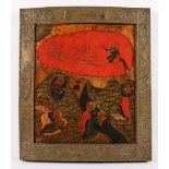 IKONE, "Himmelfahrt des Propheten Elias", Tempera/Holz auf Levkas, 32 x 27, mit Messingbasma,