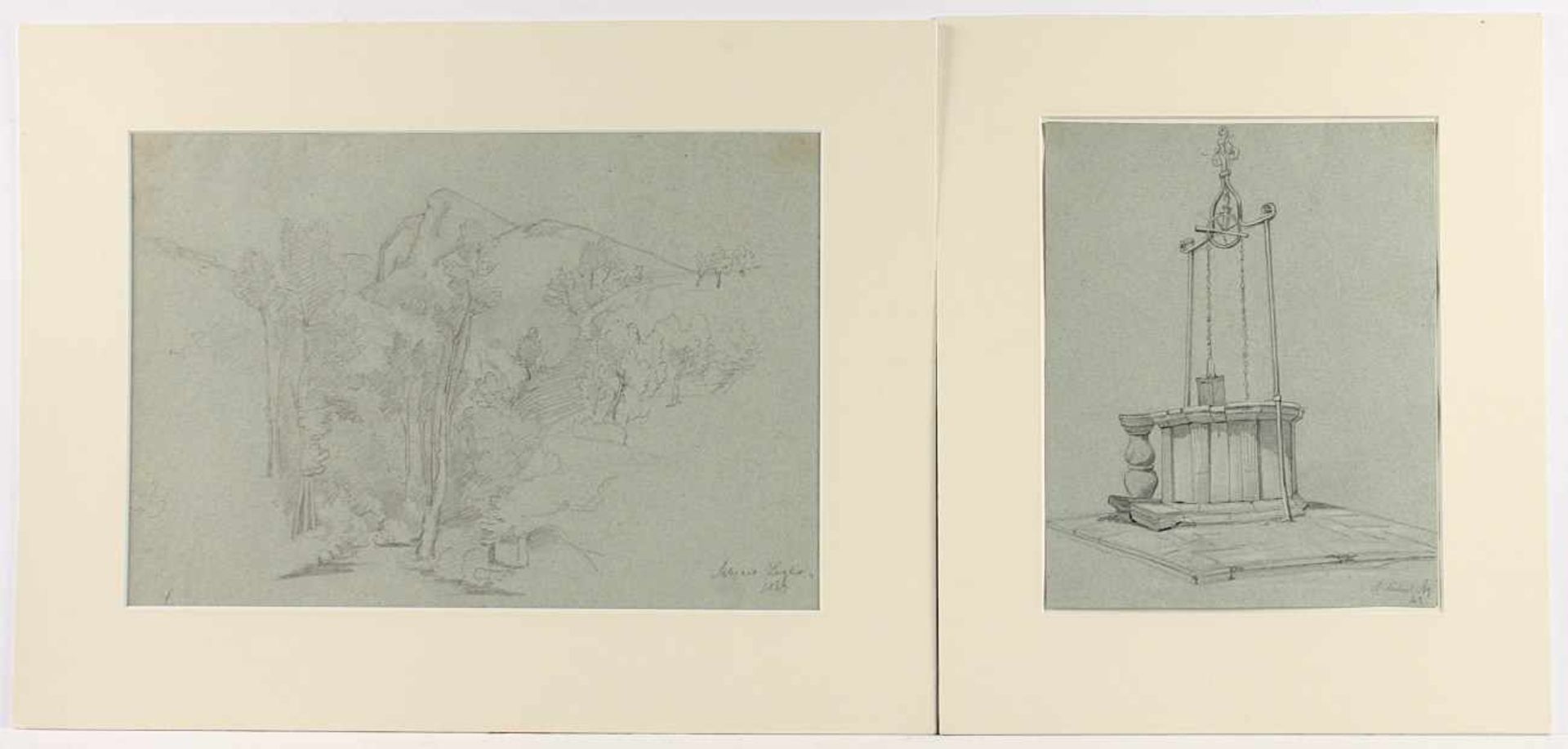 KRAUSE, Robert (1813-1885), zwei Zeichnungen, "Waldweg in Subiaco" und "Ziehbrunnen", Bleistift/ - Bild 2 aus 2