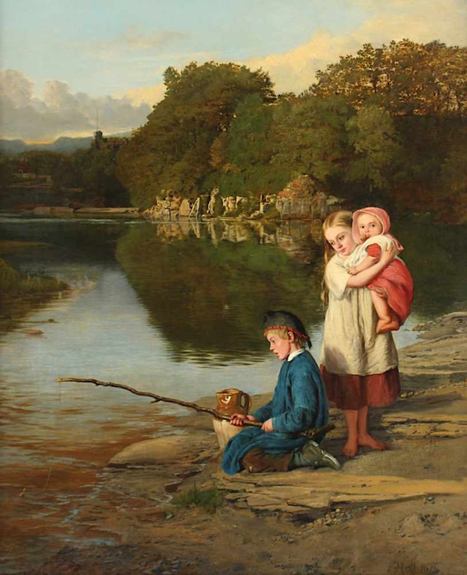 HOLL, Frank Francis Montague (1845-1888), "Angelnde Kinder", Öl/Lwd., 61 x 51, doubliert, unten