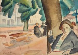 VIDOR (Aquarellist um 1920), "Straßencafé", Aquarell/Papier, 26 x 37 (Passepartoutausschnitt), unten