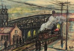 L'HOEST, Engelbert (1919-2008), "Eisenbahn unter einer Brücke", Aquarell/Papier, 38 x 55 (
