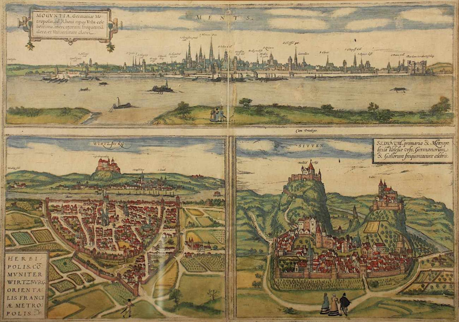 3 ANSICHTEN, "Moguntia, Wirtzburg, Sedunum", 3 Stiche auf einem Blatt, Panorama von Mainz, - Image 2 of 2
