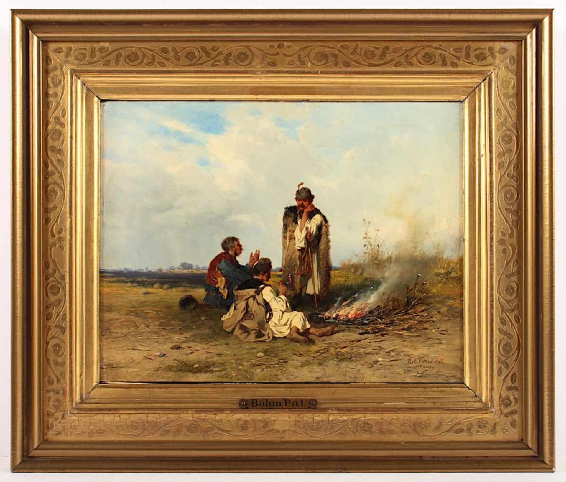 BÖHM, Pál (1839-1905), "Rastende Hirten am Lagerfeuer", Öl/Holz, 21 x 27, unten rechts signiert - Bild 2 aus 4