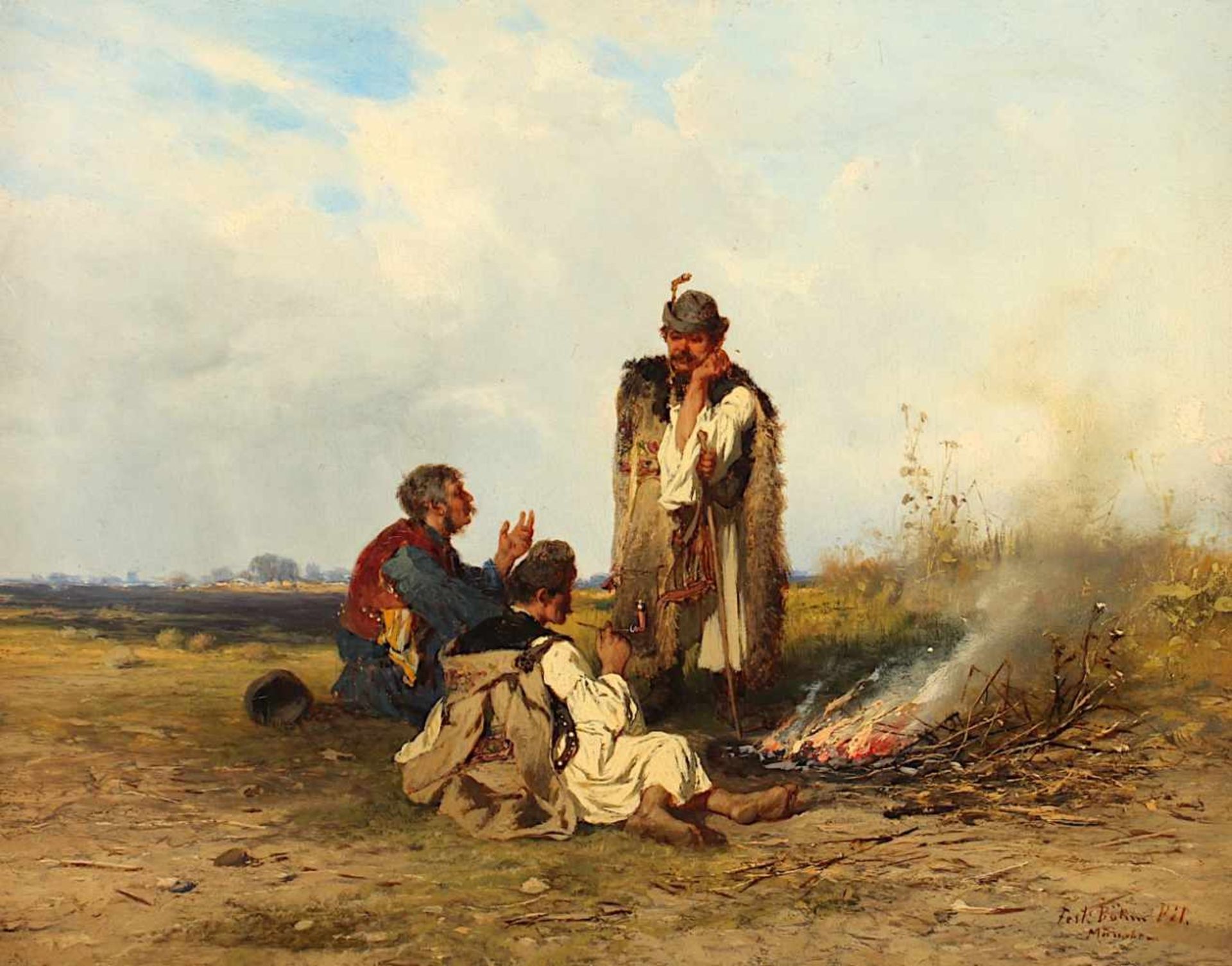 BÖHM, Pál (1839-1905), "Rastende Hirten am Lagerfeuer", Öl/Holz, 21 x 27, unten rechts signiert