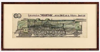 LOUBIER, René (Frankreich M.20.Jh.), "Lokomotive Mountain", Mischtechnik/Papier, 20 x 60,5 (