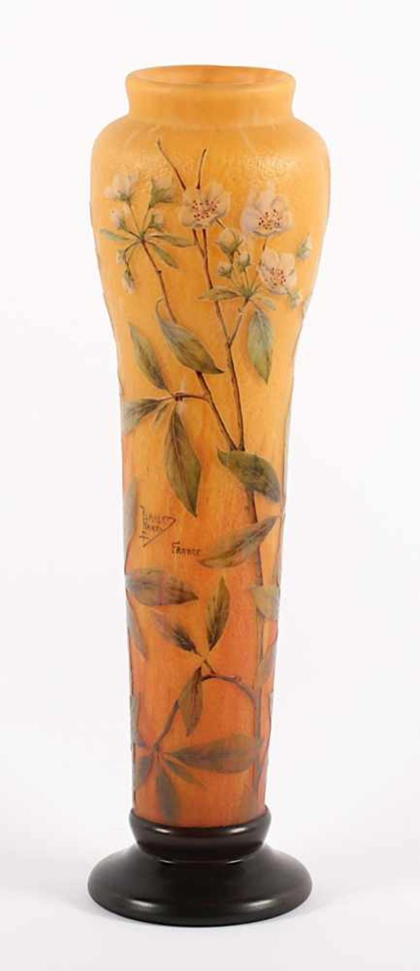 JUGENDSTIL-VASE, farbloses, satiniertes Glas, orange-gelbe Pulvereinschmelzungen, umlaufend - Bild 3 aus 6