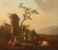 MALER DES 17.JH., "Landschaft mit antikem Brunnen und Figurenstaffage", Öl/Lwd., 69 x 78, doubliert,
