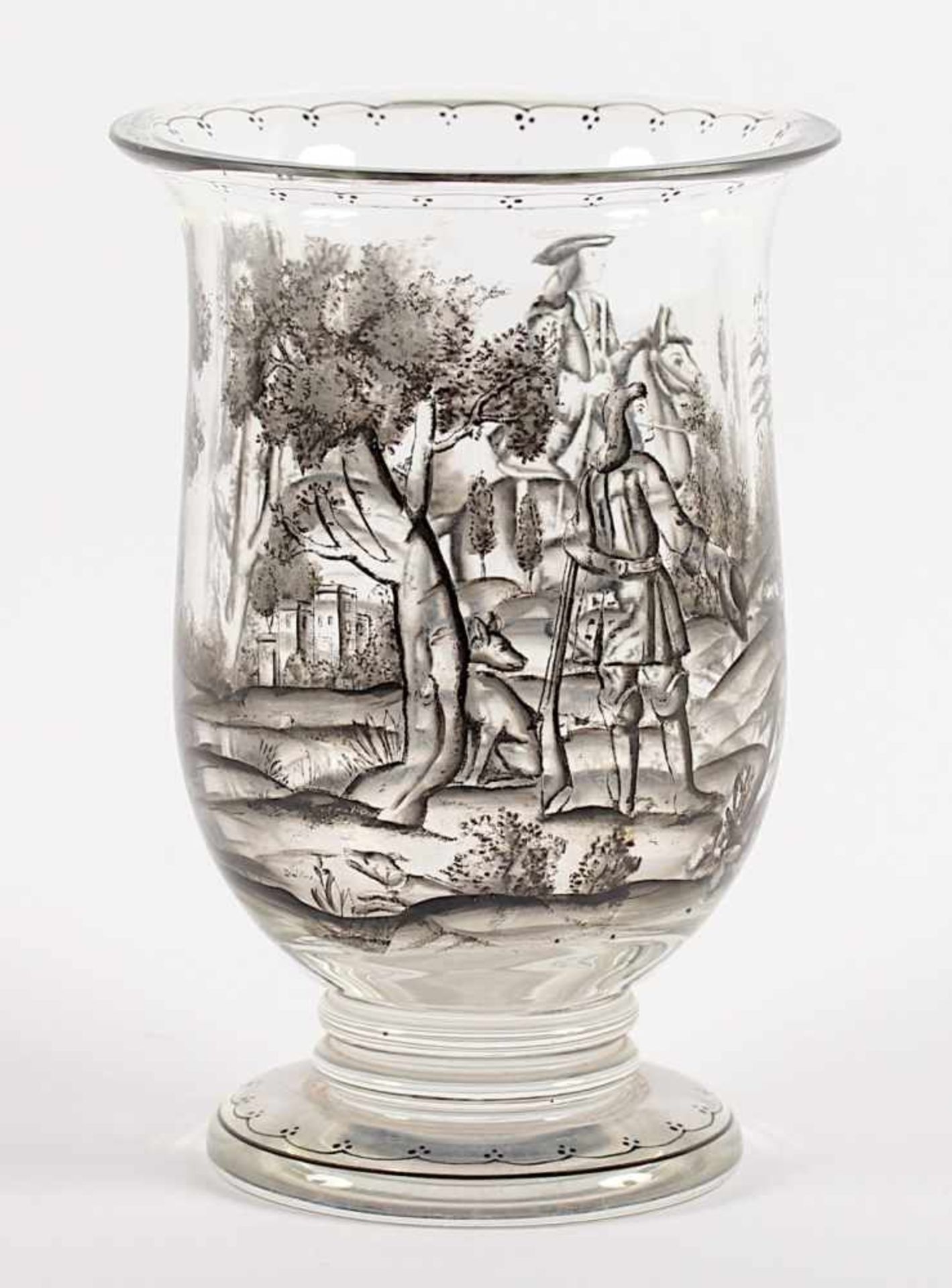 LENHARDT-FUSSBECHER, farbloses Glas, schwarzer Umdruckdekor, umlaufend Jagdszene mit Reiter, - Image 2 of 2