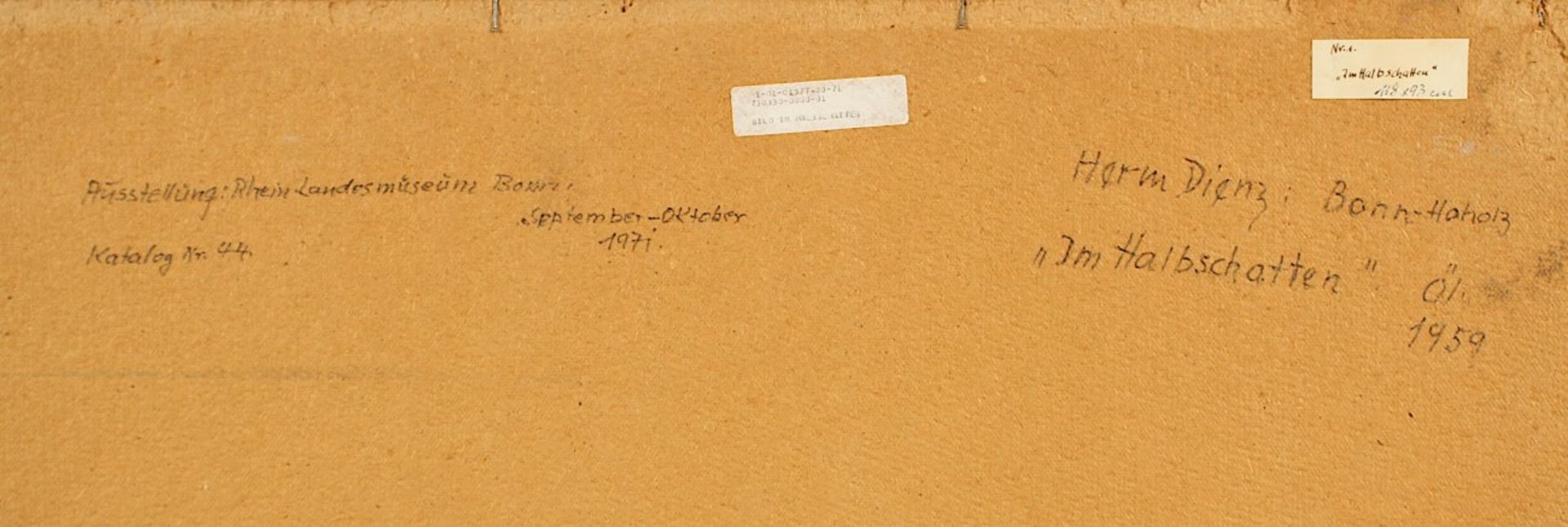 DIENZ, Herm, "Im Halbschatten", Öl/Hartfaser, 118 x 93, unten rechts signiert und datiert, verso - Bild 3 aus 5